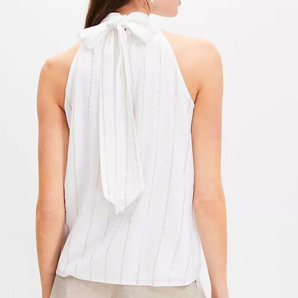 NWT LOFT Shimmer Stripe Crinkle Bow Back Halter Top Size L/12 - Picture 2 of 11